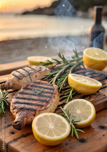 Tambaqui fish roasted over coals. photo