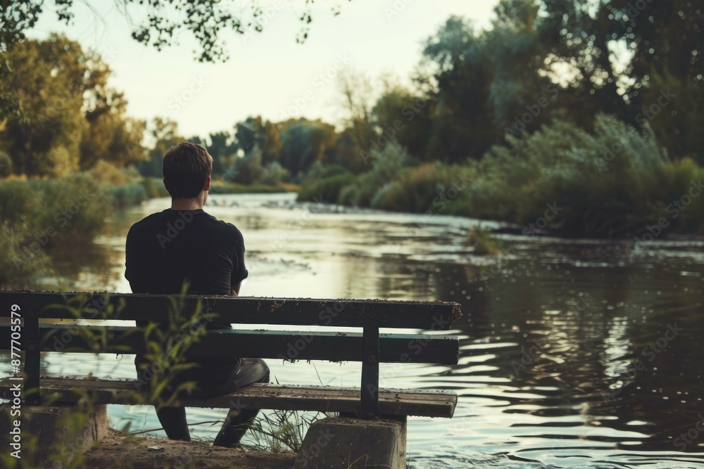 Young man finding peace and tranquility while enjoying the nature near a river Young man finding peace and tranquility while enjoying the nature near a river