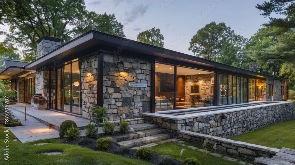 Mid-century modern suburban home with a stone accent wall that extends from the interior to the exterior, creating a seamless connection Mid-century modern suburban home with a stone accent wall that extends from the interior to the exterior, creating a seamless connection