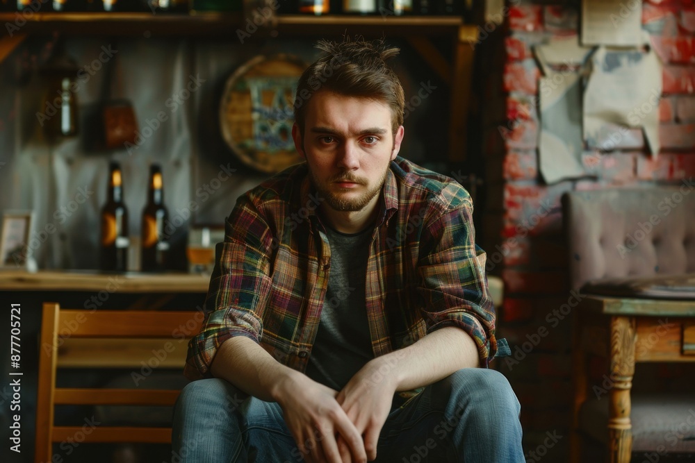 Young man with a beard sits alone in a bar, waiting and looking thoughtful Young man with a beard sits alone in a bar, waiting and looking thoughtful