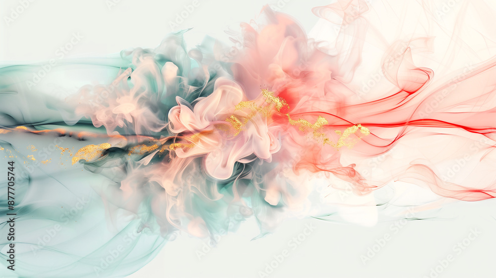 Fototapeta premium abstract 3d flowing smoke background, with pastel gradients of pink and orange, swirling seamlessly into blue and teal, with golden accents, luxury and elegance, a dreamlike and ethereal feel 