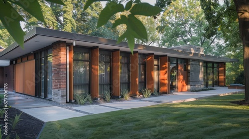 Mid-century modern suburban home with a custom modular wall system that allows for easy reconfiguration of the space photo