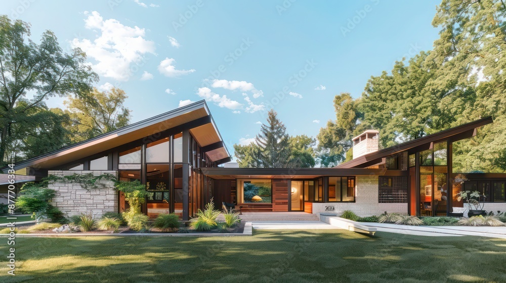Obraz premium Mid-century modern suburban home with a butterfly roof design that enhances the home's architectural interest and functionality