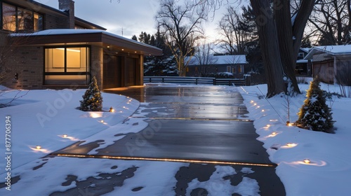 Mid-century modern suburban driveway with heated concrete for snow melting and embedded LED lighting for guidance at night photo