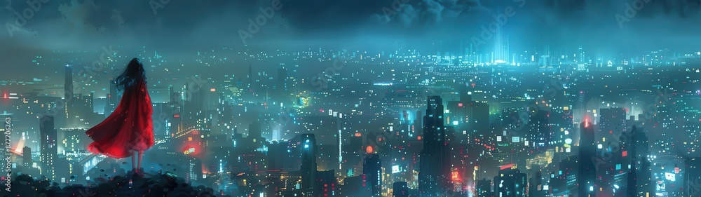 Fototapeta premium city at night with a red cape in the foreground