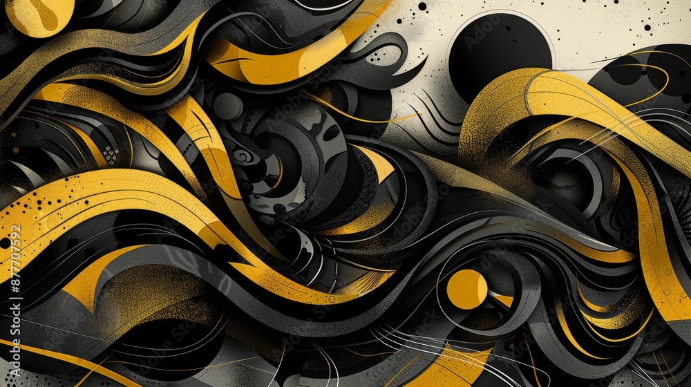 Contemporary black and gold abstract illustration with dynamic shapes and ornate design Contemporary black and gold abstract illustration with dynamic shapes and ornate design