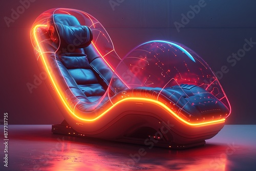 Futuristic, illuminated reclining chair with neon accents in a modern room setting. photo