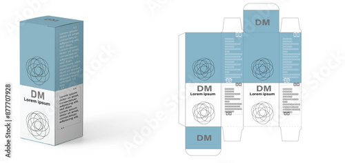 DM Packaging box design template layout with Box die line, icon, frames and Design Illustration, Vector design Template image of cosmetic bottle and box.
