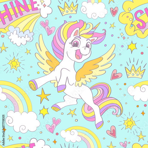 Seamless pattern happy unicorns with wings vector background