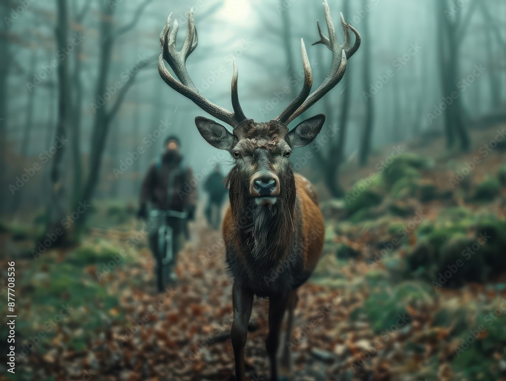 A Majestic Red Deer Stands Tall in a Misty Forest, Surprising Hikers on a Trail, Amusing Beasts Encountered on a Mystical Woodland Adventure A Majestic Red Deer Stands Tall in a Misty Forest, Surprising Hikers on a Trail, Amusing Beasts Encountered on a Mystical Woodland Adventure