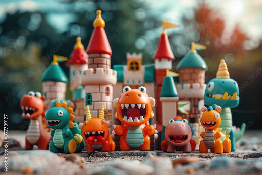 Obraz premium Playful Dinosaur Toys Transform Castle into a Fun Playground for Imaginative Play, Colorful Figurines Bring Fantasy to Life