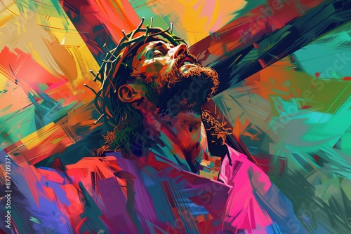 Jesus Christ carrying the cross - Illustration with bold colors and dramatic lighting