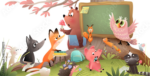 Animals school under big oak tree in the forest on grass lawn. Kids education in woods with forest animals for children. Vector hand drawn colorful graphic illustration for kids.