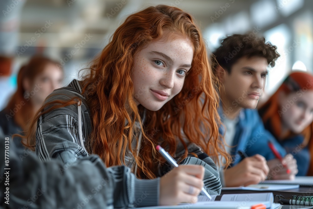 Fototapeta premium Young Woman Writing in a Classroom Setting