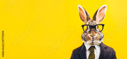 Stylized Portrait of a Rabbit Wearing Glasses Suit and Tie Against a Bright Yellow Background with Ample Copy Space for Text Overlay  This Anthropomorphic © Like Animals