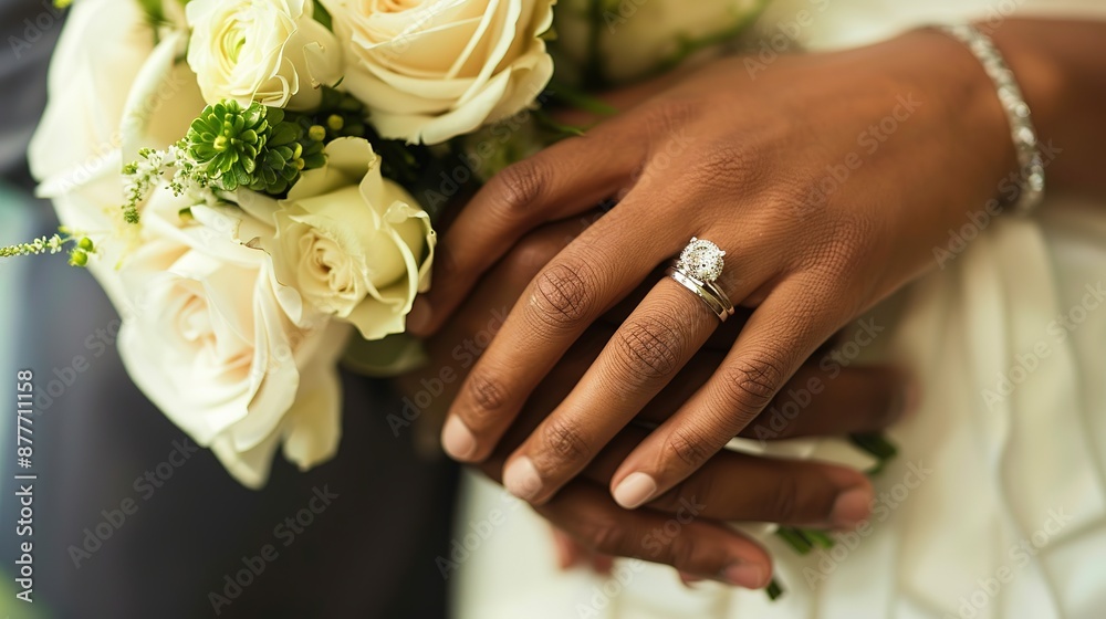 Romantic Close-up of Newlyweds’ Hands with Wedding Rings and Rose Bouquet, Soft Lighting and Bokeh Effect for Celebration Atmosphere, Featuring Beautiful Detail and Colorful Background. Romantic Close-up of Newlyweds’ Hands with Wedding Rings and Rose Bouquet, Soft Lighting and Bokeh Effect for Celebration Atmosphere, Featuring Beautiful Detail and Colorful Background.