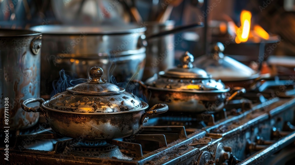 Antique cookware heating on gas stove Antique cookware heating on gas stove
