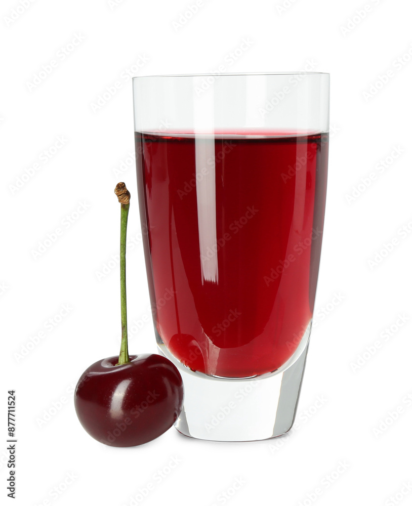 Delicious cherry liqueur in shot glass and berry isolated on white Delicious cherry liqueur in shot glass and berry isolated on white