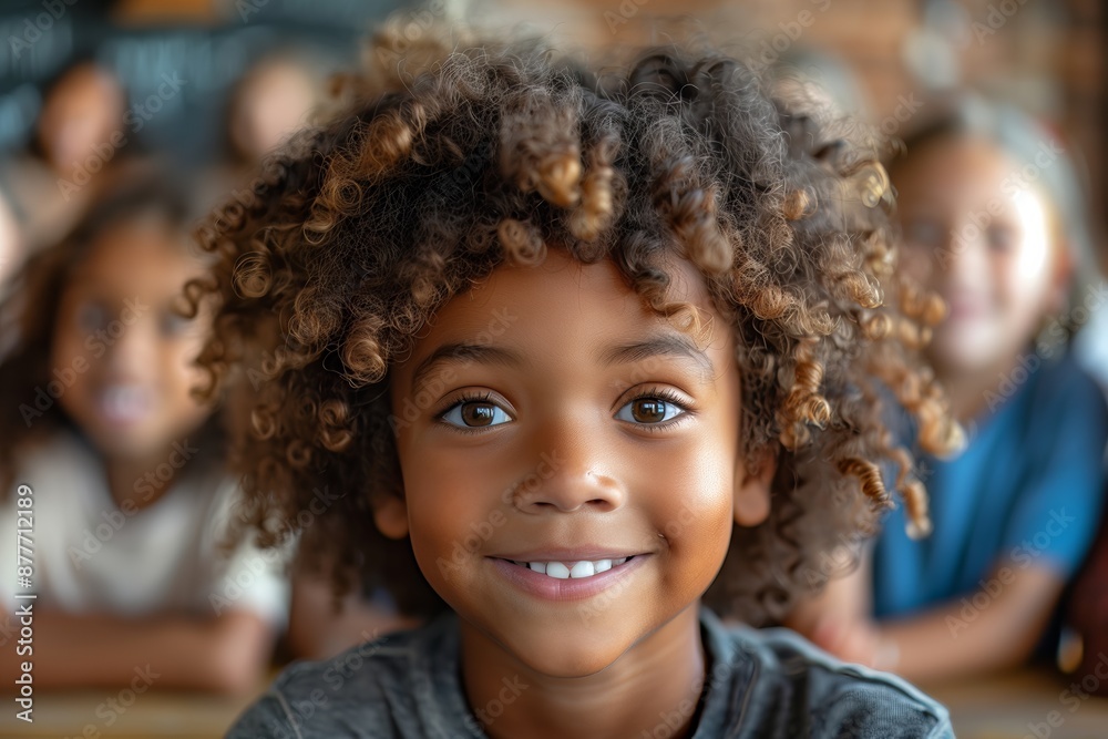 Smiling Young Boy With Curly Hair In Classroom Smiling Young Boy With Curly Hair In Classroom