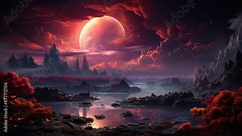 Alien landscape with red moon and crimson sky.