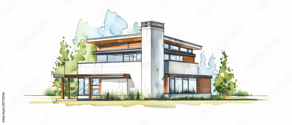 Fototapeta premium A lively watercolor rendering of thermal mass, capturing a building designed to absorb and store heat, reducing energy costs, isolate on white background with copy space