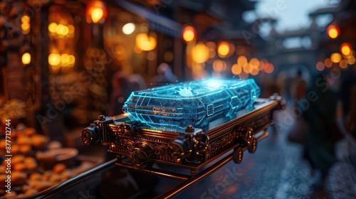 A levitating cart with holographic elements hovers through a vibrant, otherworldly market, representing the fusion of ancient and modern marvels in high tech, with copy space