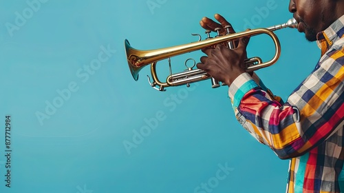 A side view captures a person playing a trumpet with fervor, dressed in a colorful checkered shirt, set against a minimalist blue background, highlighting musical passion.