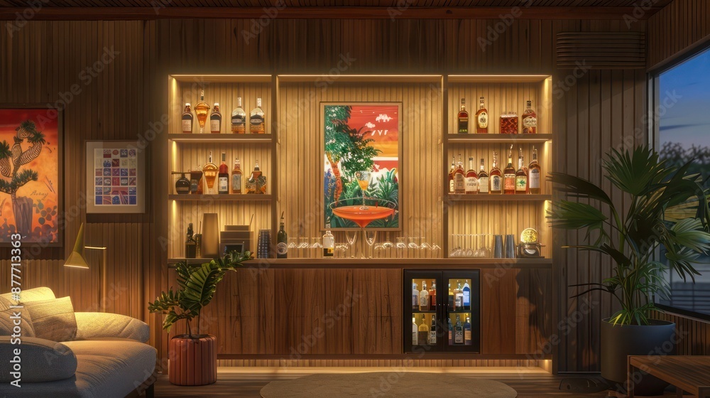 Mid-century modern suburban home with a bespoke cocktail lounge, featuring a built-in bar, mood lighting, and original artwork Mid-century modern suburban home with a bespoke cocktail lounge, featuring a built-in bar, mood lighting, and original artwork