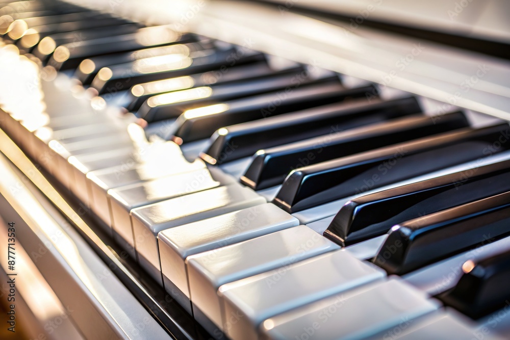 Sharply focused close-up of polished white and black piano keys, subtly reflecting light, with a shallow depth of field, evoking a sense of musicality. Sharply focused close-up of polished white and black piano keys, subtly reflecting light, with a shallow depth of field, evoking a sense of musicality.
