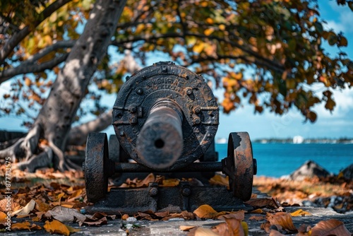Wallpaper Mural Old rusty cannon is standing on a stone floor with dry leaves, facing the sea on a sunny autumn day Torontodigital.ca