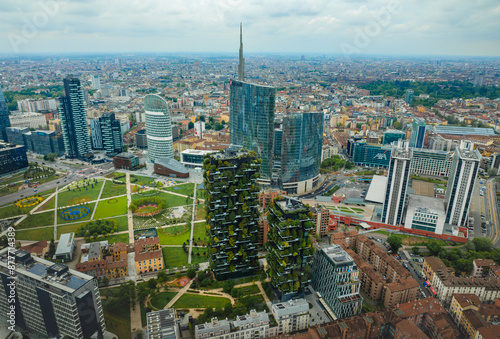 aerial photo with drone of the city of Milan Italy in Gae Aulenti square photo