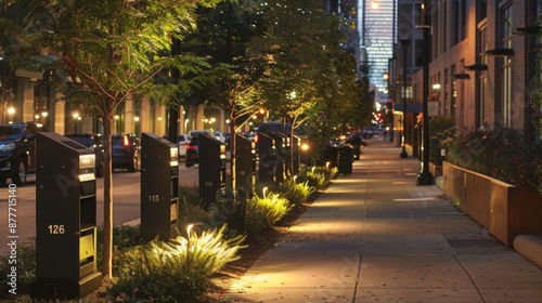 A well-lit sidewalk with street lamps, trees, and planters leading towards a downtown area with buildings in the background. Cars are parked along the side of the street.