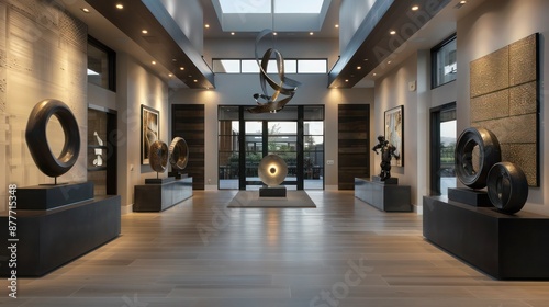 Suburban contemporary foyer with an art gallery feel, featuring curated sculptures and dynamic lighting