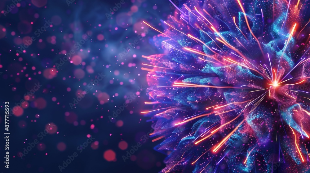Fototapeta premium An awe-inspiring burst of colorful lights, predominantly purple and blue, creating a mesmerizing pattern with intricate sparkles and dynamic energy radiating outwards.