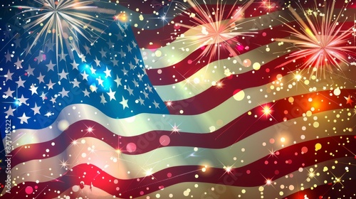 A stylized representation of the USA flag set against a background with bright, joyful fireworks, showcasing a colorful celebration of national values and unity. photo