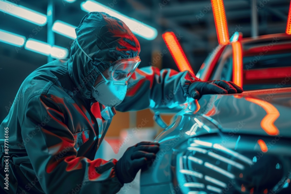 Car mechanic in protective suit is using his hand to track defects on a vehicle during a quality control check in a modern neon lights garage Car mechanic in protective suit is using his hand to track defects on a vehicle during a quality control check in a modern neon lights garage