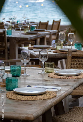 Restaurant in port la Rague, Gulf of La Napoule, in Provence, served for lunch tables, French Riviera near Cannes, south of France photo