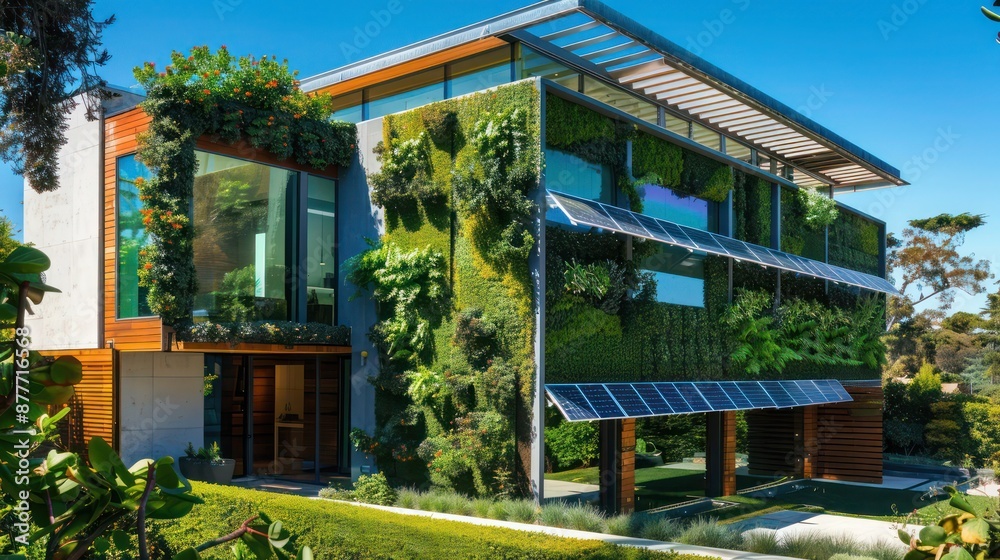 Suburban contemporary home with a green wall facade and integrated solar panels for sustainability Suburban contemporary home with a green wall facade and integrated solar panels for sustainability