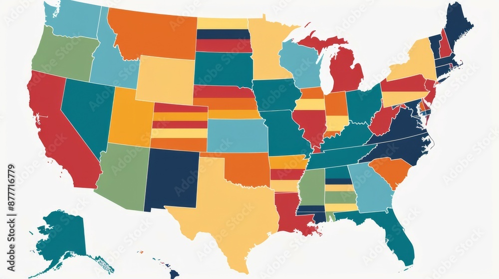 Obraz premium A brightly colored map of the United States with distinctly marked individual states, highlighting the richness and diversity of the American regions with modern artistic flair.