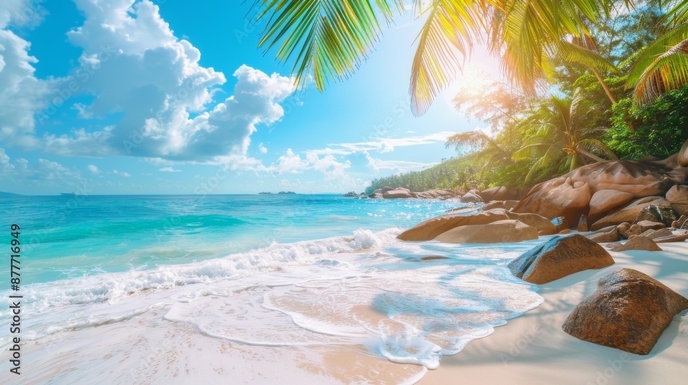 Fototapeta premium A sunny tropical beach scene featuring clear blue skies, palm trees, and a pristine shoreline with crystal-clear waters, exemplifying relaxation and paradise vibes.