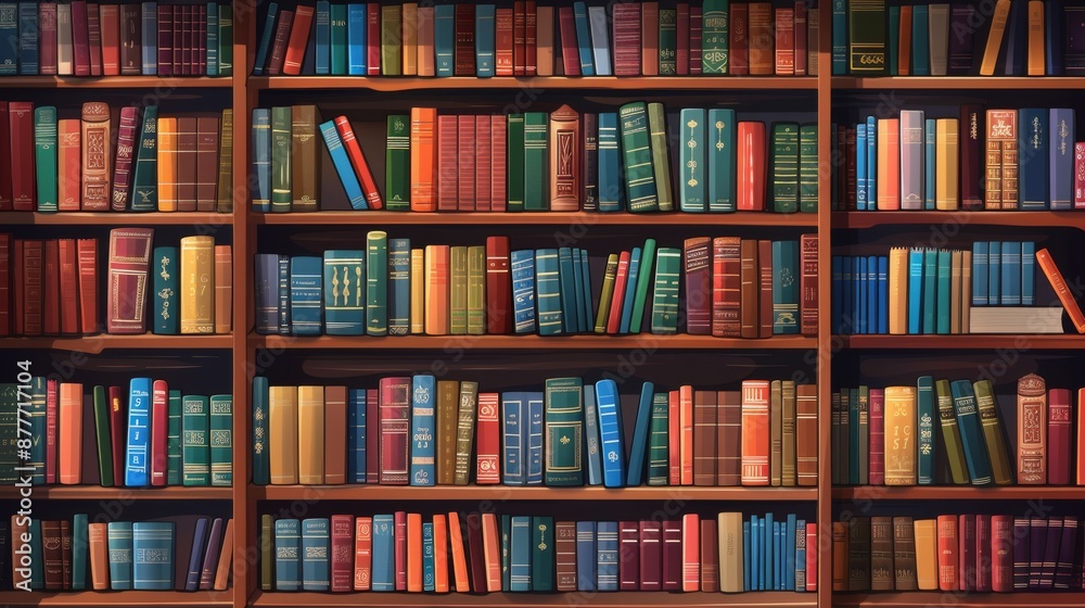 An array of books on a structured bookshelf in a library setting, filled with various colorful bindings and titles, depicting organized knowledge and an atmosphere of learning. An array of books on a structured bookshelf in a library setting, filled with various colorful bindings and titles, depicting organized knowledge and an atmosphere of learning.
