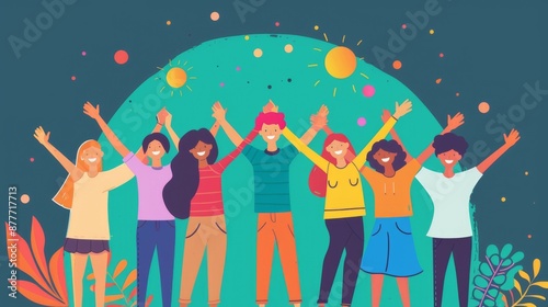 An illustration showing a diverse group of seven friends with arms raised in celebration, representing unity, joy, and togetherness, set against a vibrant background.