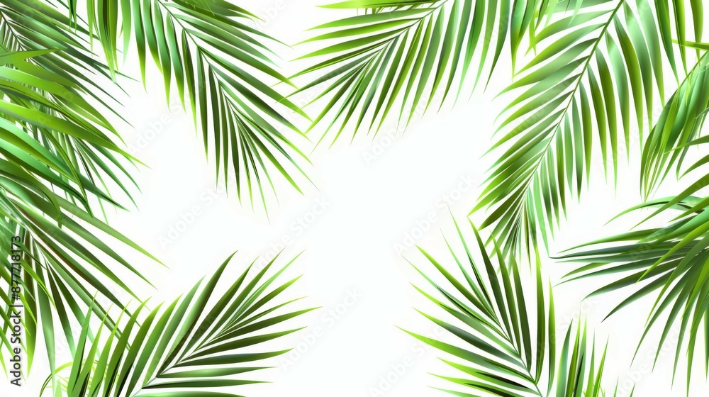 Palm leaves radiate from the corners of image against a clean white background. The green patterns create a fresh visual appeal and are suggestive of tropical climates. Palm leaves radiate from the corners of image against a clean white background. The green patterns create a fresh visual appeal and are suggestive of tropical climates.