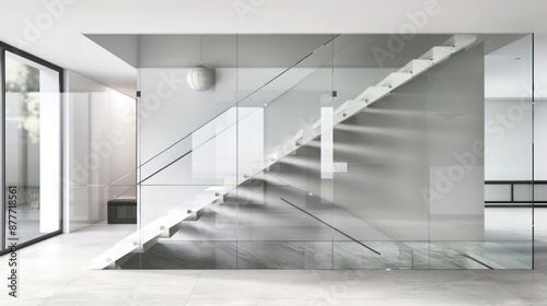 Suburban contemporary home with a minimalist, sculptural staircase made from glass and steel