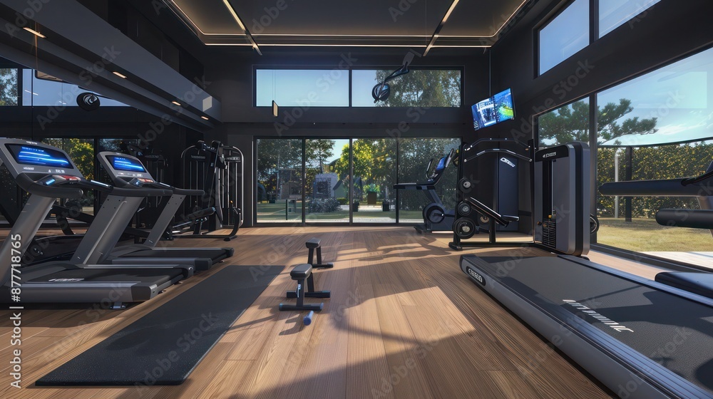 Suburban contemporary home with a high-tech gym that includes virtual reality fitness programs and a fully integrated health monitoring system Suburban contemporary home with a high-tech gym that includes virtual reality fitness programs and a fully integrated health monitoring system