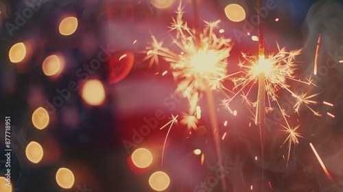 Bright sparklers illuminated against a backdrop of the American flag, surrounded by bokeh lights, highlighting a festive and patriotic atmosphere synonymous with celebrations and independence.