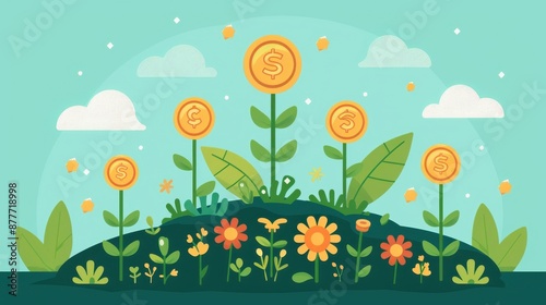 A drawing of a field of flowers with five dollar bills in the middle