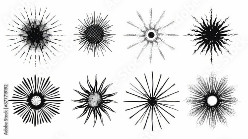A diverse collection of black and white starburst patterns featuring various ray forms that represent energy and creativity, displayed artistically and abstractly.