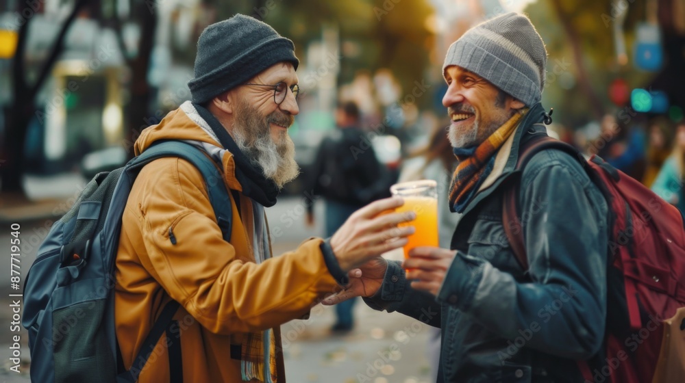 This lively image captures two smiling friends wearing hats and jackets, enjoying a refreshing drink together in an outdoor setting, evoking feelings of camaraderie and happiness. This lively image captures two smiling friends wearing hats and jackets, enjoying a refreshing drink together in an outdoor setting, evoking feelings of camaraderie and happiness.