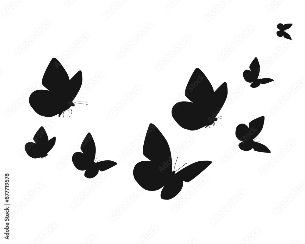 Black butterfly silhouettes. Outline butterflies romantic tattoo, tropical insects stencil. Summer and spring exotic symbols isolated vector set. Elegant wild flying moth of various shape Black butterfly silhouettes. Outline butterflies romantic tattoo, tropical insects stencil. Summer and spring exotic symbols isolated vector set. Elegant wild flying moth of various shape